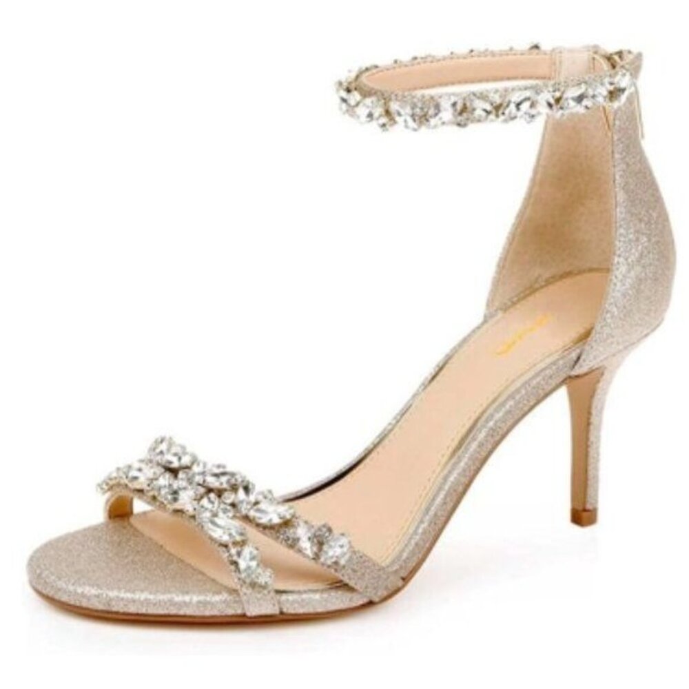 XYD Women Mid Heel Rhinestone Strappy Sandals Open Toe Ankle Strap Prom Evening